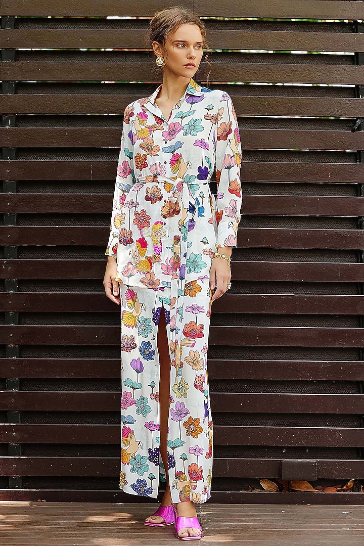 White Natural Crepe Floral Printed Skirt Set by Nautanky By Nilesh Parashar at Pernia's Pop Up Shop