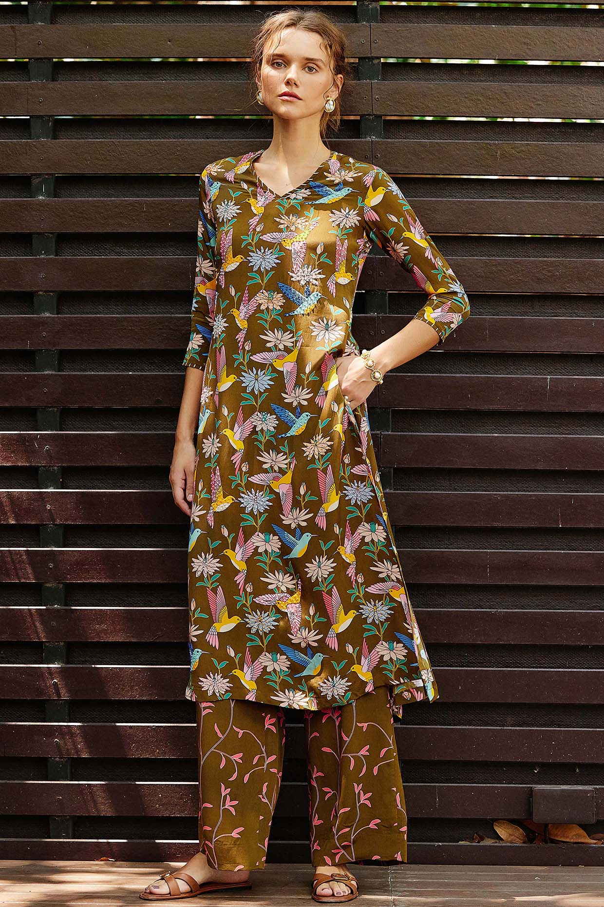 Nautanky By Nilesh Parashar Olive Natural Crepe Embroidered & Floral Printed Kurta Set