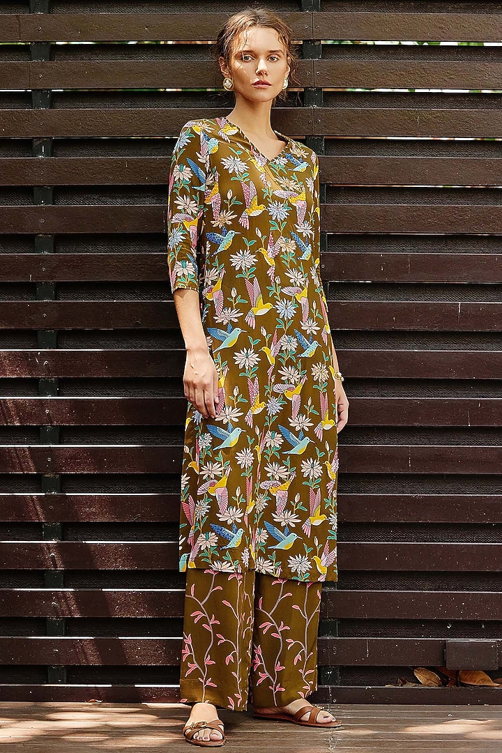 Olive Natural Crepe Embroidered & Floral Printed Kurta Set by Nautanky By Nilesh Parashar at Pernia's Pop Up Shop