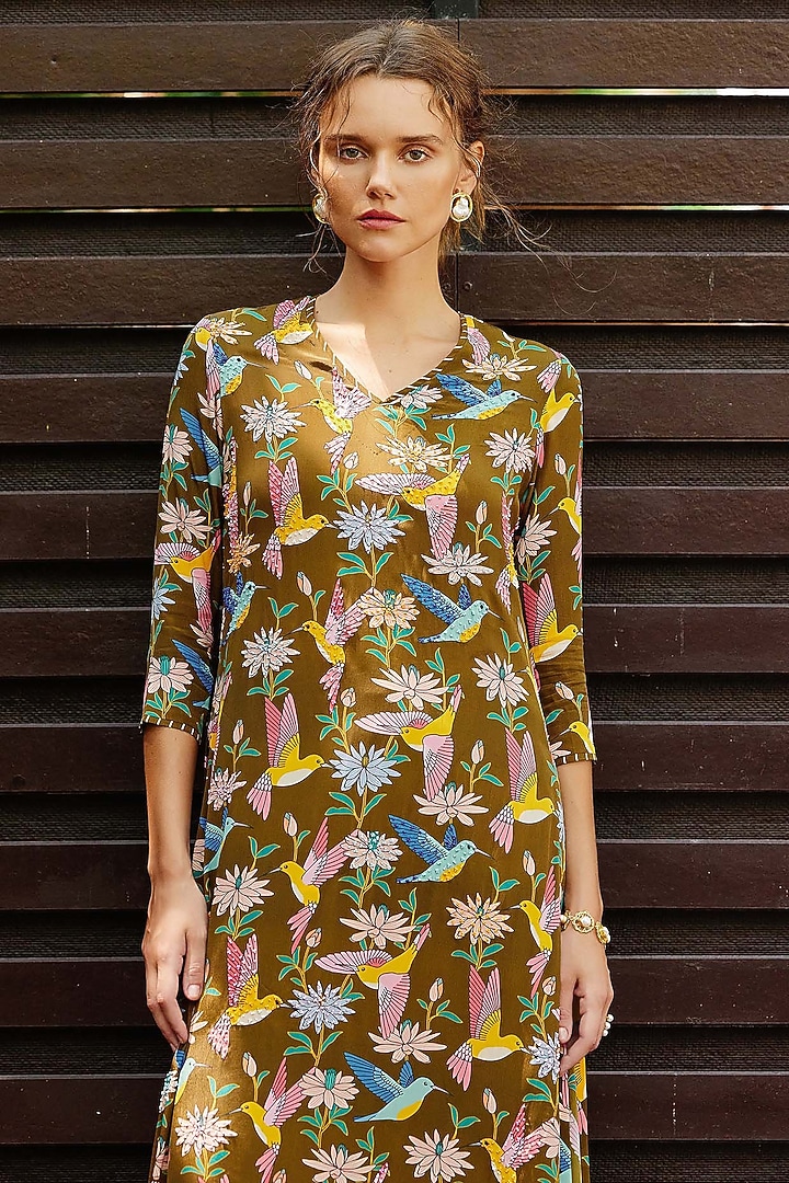 Olive Natural Crepe Embroidered & Floral Printed Kurta Set by Nautanky By Nilesh Parashar at Pernia's Pop Up Shop