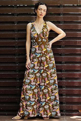 Olive Natural Crepe Embroidered & Floral Printed Jumpsuit by Nautanky By Nilesh Parashar