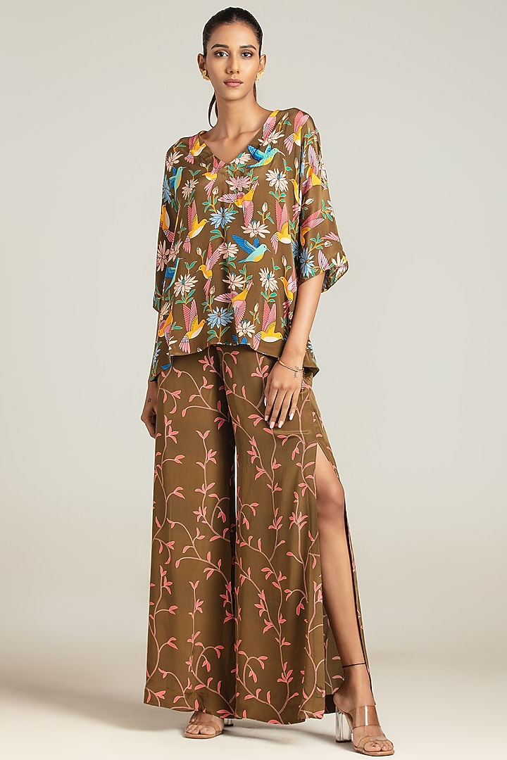 Olive Natural Crepe Embroidered & Floral Printed Co-Ord Set by Nautanky By Nilesh Parashar at Pernia's Pop Up Shop