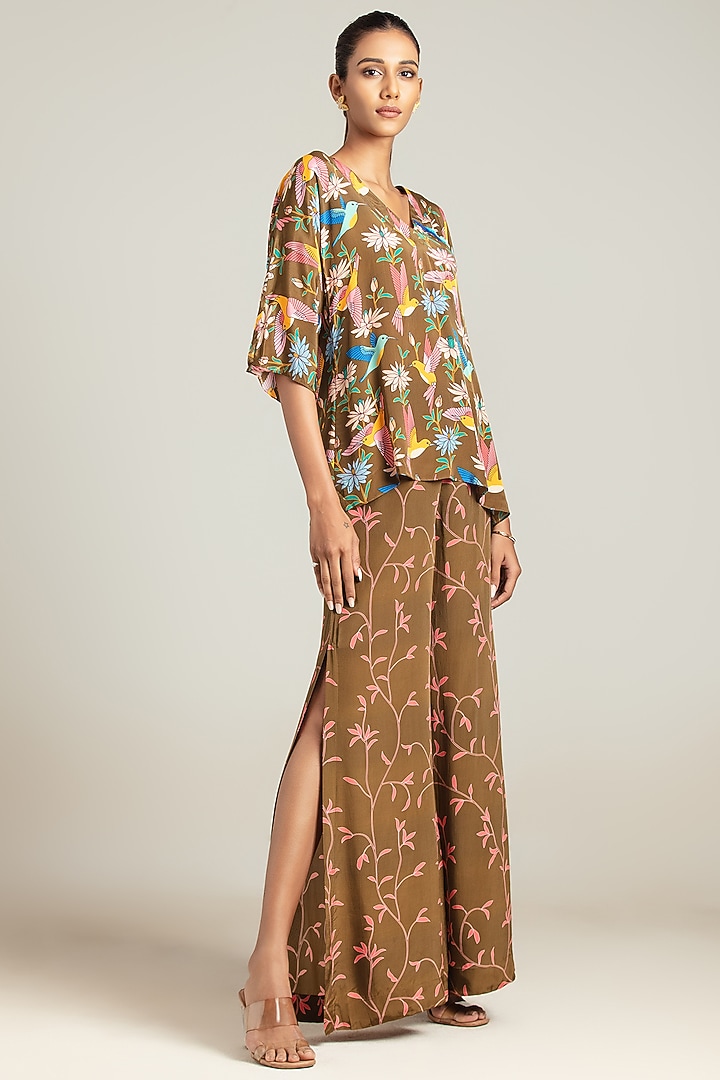 Olive Natural Crepe Embroidered & Floral Printed Co-Ord Set by Nautanky By Nilesh Parashar at Pernia's Pop Up Shop