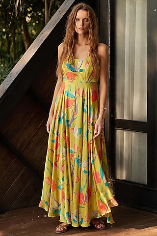 Mustard Natural Crepe Floral Printed & Embroidered Dress by Nautanky By Nilesh Parashar