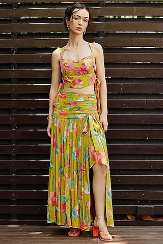 Mustard Natural Crepe Floral Printed & Embroidered Skirt Set by Nautanky By Nilesh Parashar