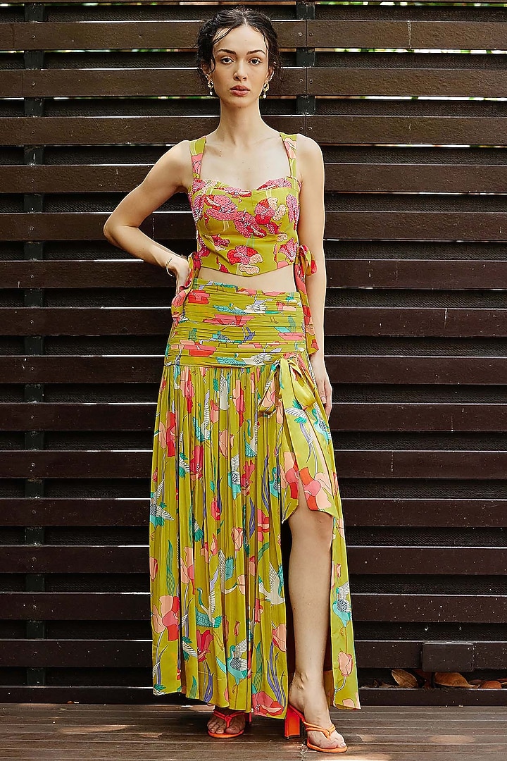 Mustard Natural Crepe Floral Printed & Embroidered Skirt Set by Nautanky By Nilesh Parashar at Pernia's Pop Up Shop