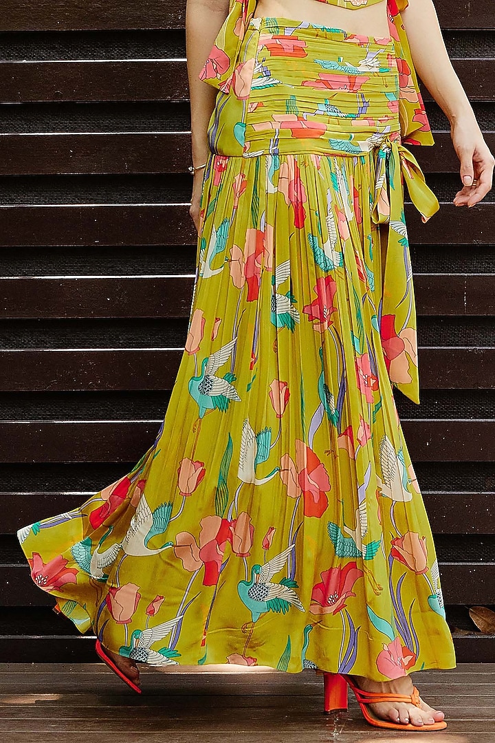 Mustard Natural Crepe Floral Printed & Embroidered Skirt Set by Nautanky By Nilesh Parashar at Pernia's Pop Up Shop