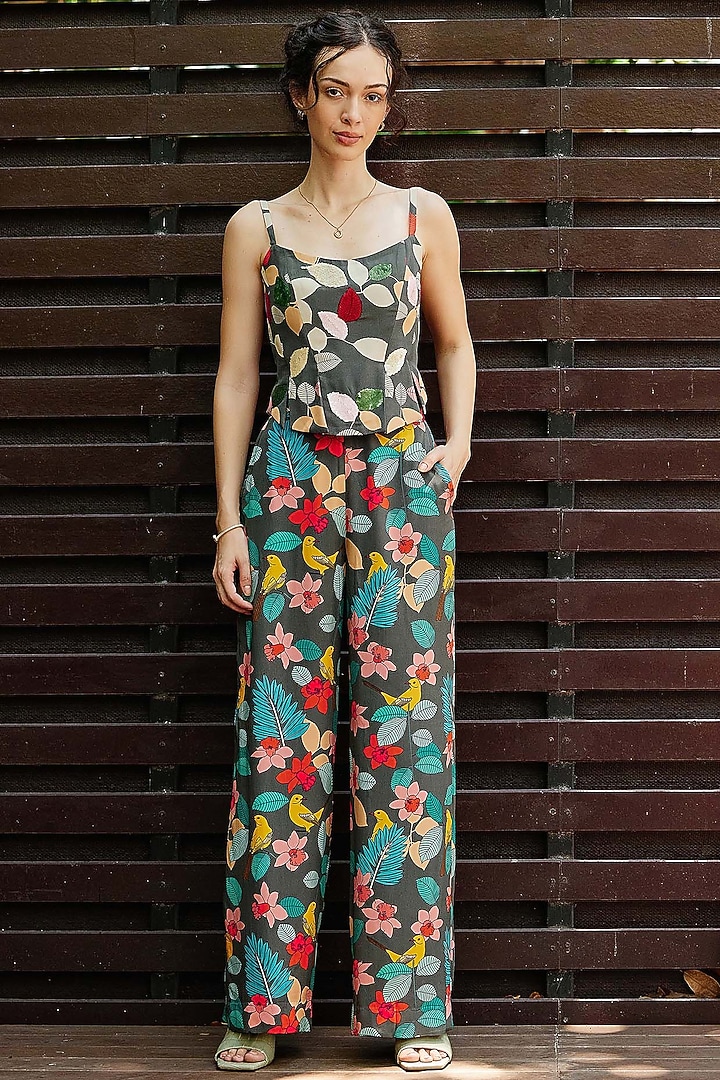 Grey Natural Crepe Embroidered & Floral Printed Co-Ord Set by Nautanky By Nilesh Parashar at Pernia's Pop Up Shop