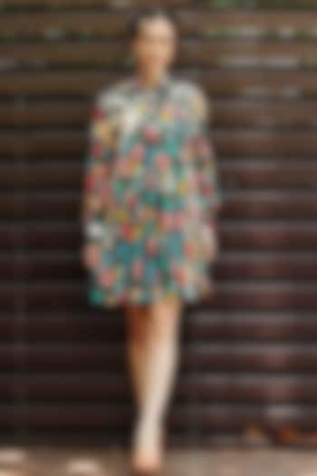 Grey Natural Crepe Floral Printed & Embroidered Vacation Dress by Nautanky By Nilesh Parashar at Pernia's Pop Up Shop