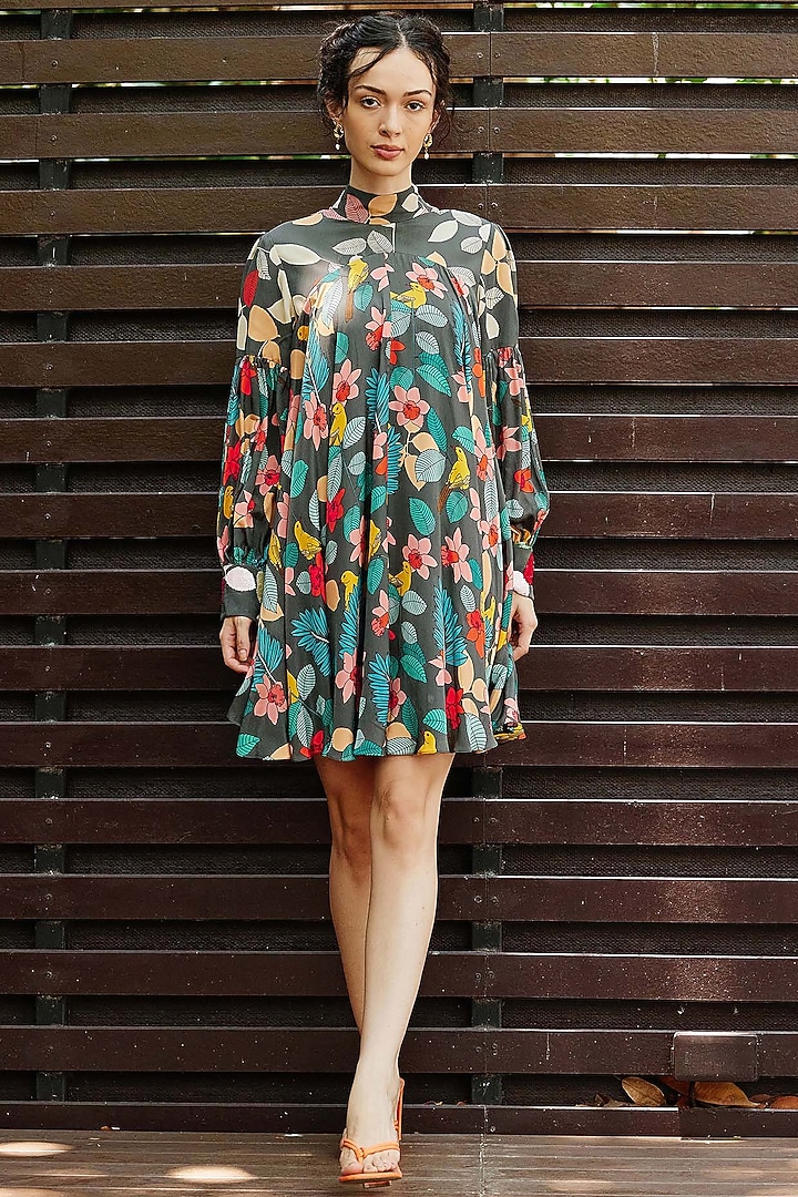 Grey Natural Crepe Floral Printed & Embroidered Vacation Dress by Nautanky By Nilesh Parashar at Pernia's Pop Up Shop