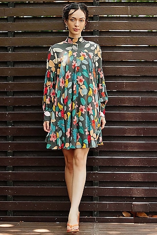 Grey Natural Crepe Floral Printed & Embroidered Dress by Nautanky By Nilesh Parashar