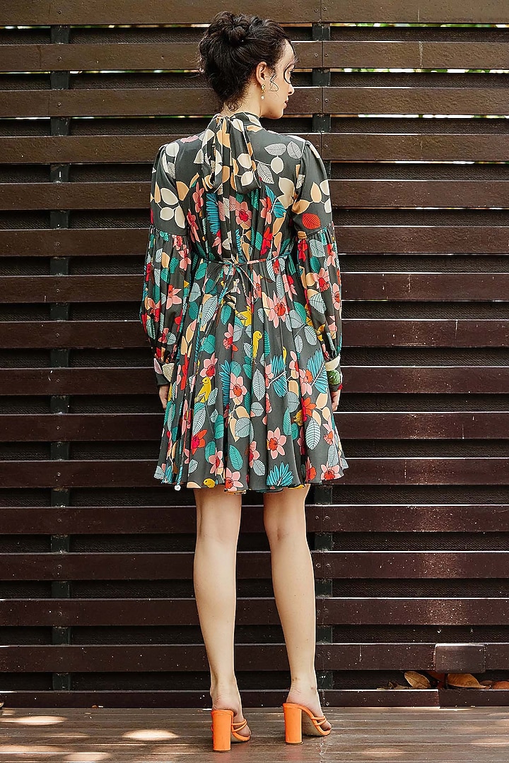 Grey Natural Crepe Floral Printed & Embroidered Vacation Dress by Nautanky By Nilesh Parashar at Pernia's Pop Up Shop