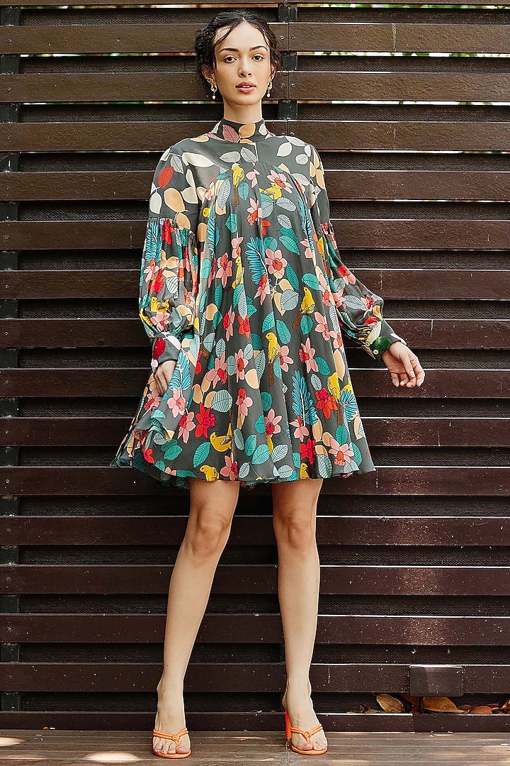 Grey Natural Crepe Floral Printed & Embroidered Vacation Dress by Nautanky By Nilesh Parashar at Pernia's Pop Up Shop