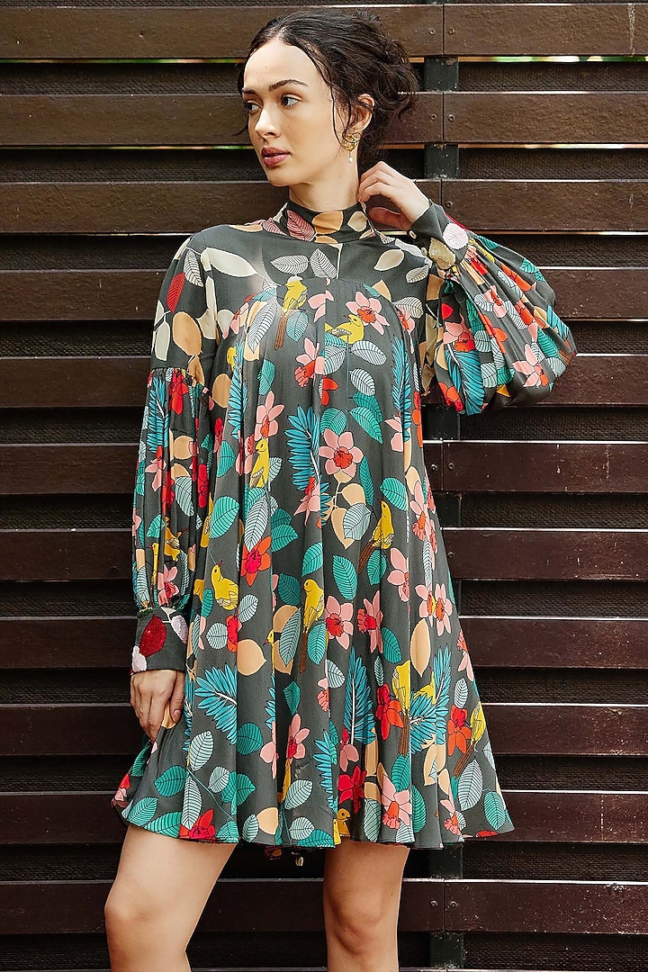 Grey Natural Crepe Floral Printed & Embroidered Vacation Dress by Nautanky By Nilesh Parashar at Pernia's Pop Up Shop