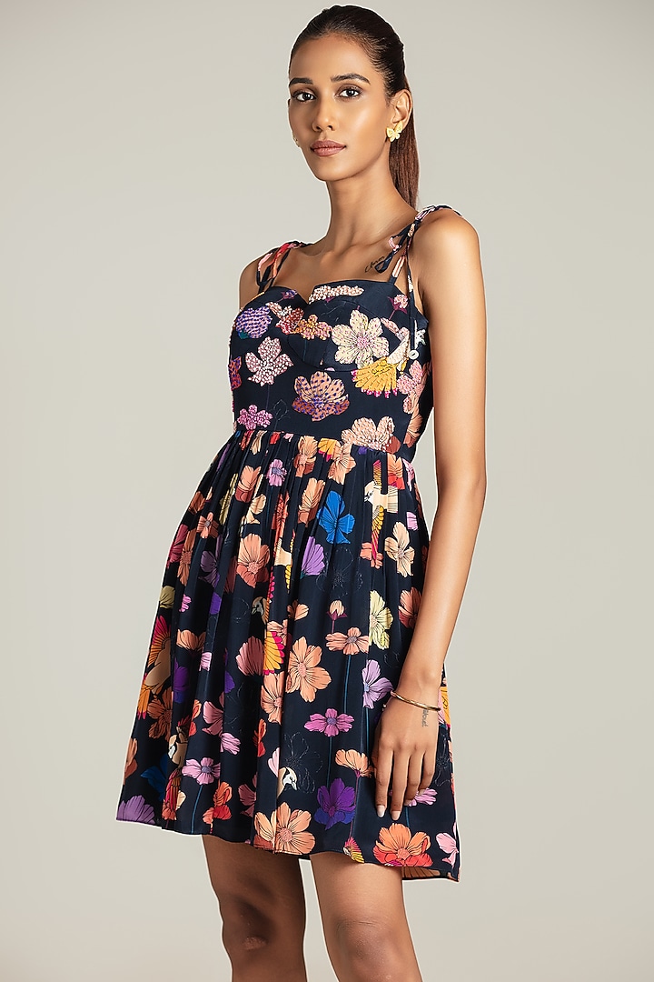Blue Natural Crepe Floral Printed & Embroidered Vacation Dress by Nautanky By Nilesh Parashar at Pernia's Pop Up Shop