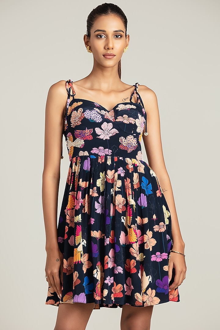 Blue Natural Crepe Floral Printed & Embroidered Vacation Dress by Nautanky By Nilesh Parashar at Pernia's Pop Up Shop