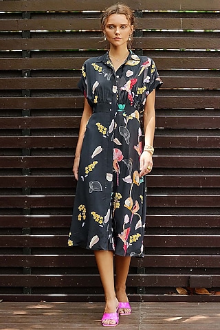 Grey Natural Crepe Floral Printed & Embroidered Shirt Dress by Nautanky By Nilesh Parashar