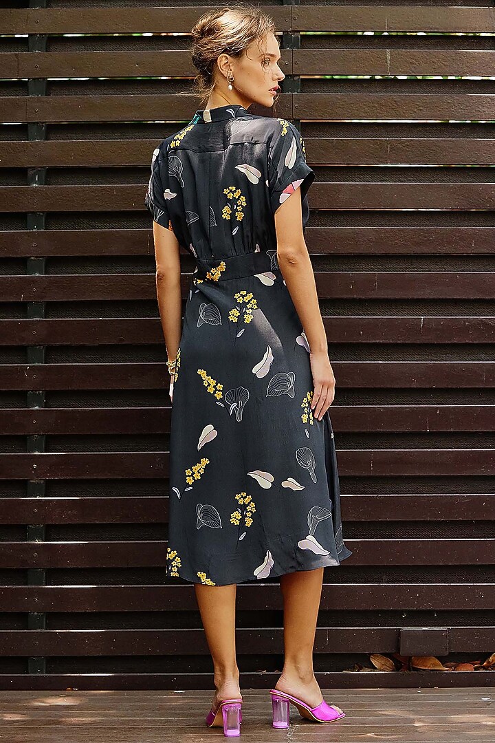 Grey Natural Crepe Floral Printed & Embroidered Vacation Shirt Dress by Nautanky By Nilesh Parashar at Pernia's Pop Up Shop