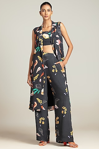Grey Natural Crepe Floral Printed Trench Coat Set by Nautanky By Nilesh Parashar