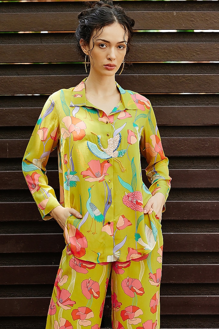 Mustard Natural Crepe Floral Printed & Embroidered Co-Ord Set by Nautanky By Nilesh Parashar at Pernia's Pop Up Shop