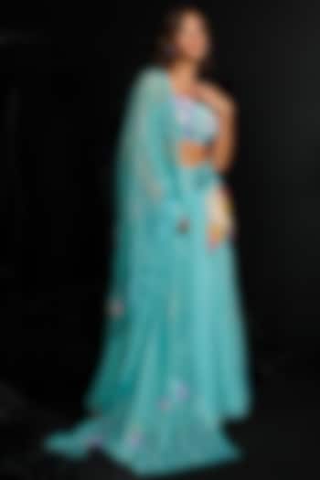Aqua Satin Chiffon Embroidered Bridal Lehenga Set by Nautanky By Nilesh Parashar at Pernia's Pop Up Shop