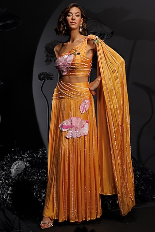 Mango Yellow Satin Chiffon Embroidered Lehenga Set by Nautanky By Nilesh Parashar