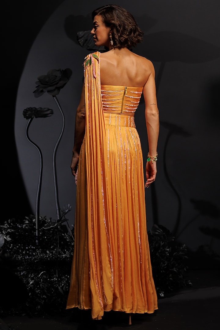 Mango Yellow Satin Chiffon Embroidered Wedding Lehenga Set by Nautanky By Nilesh Parashar at Pernia's Pop Up Shop