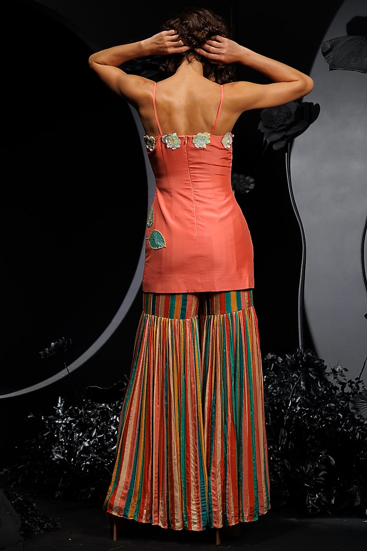Carrot-Colored Satin Chiffon Striped Bridal Sharara Set by Nautanky By Nilesh Parashar at Pernia's Pop Up Shop