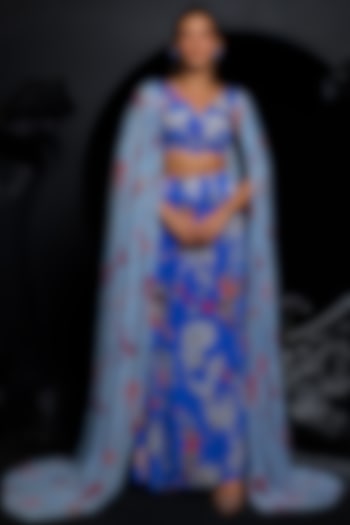 Blue & Orange Natural Crepe Floral Printed & Embroidered Wedding Lehenga Set by Nautanky By Nilesh Parashar at Pernia's Pop Up Shop