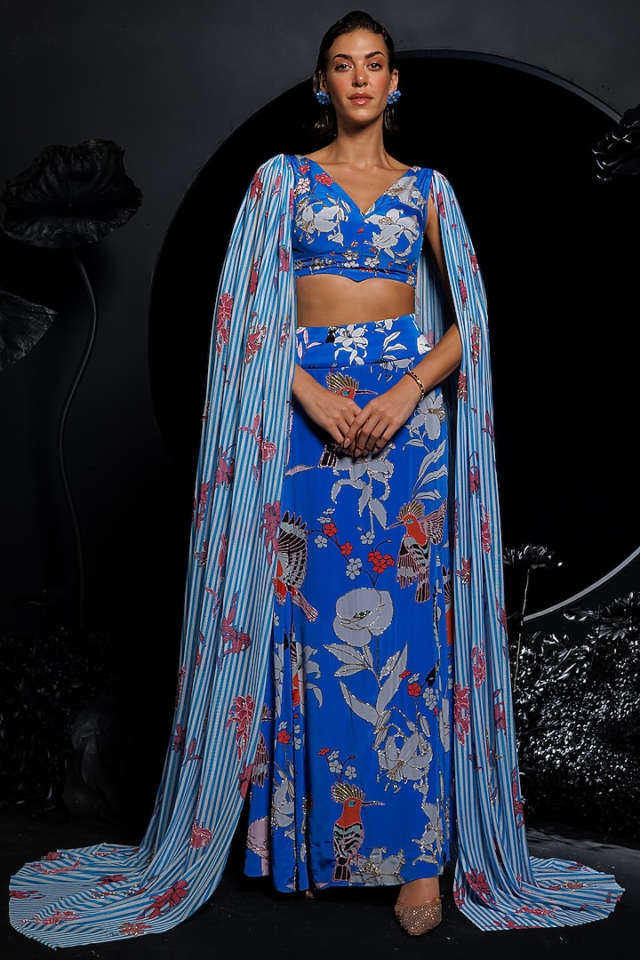 Blue & Orange Natural Crepe Floral Printed & Embroidered Wedding Lehenga Set by Nautanky By Nilesh Parashar at Pernia's Pop Up Shop