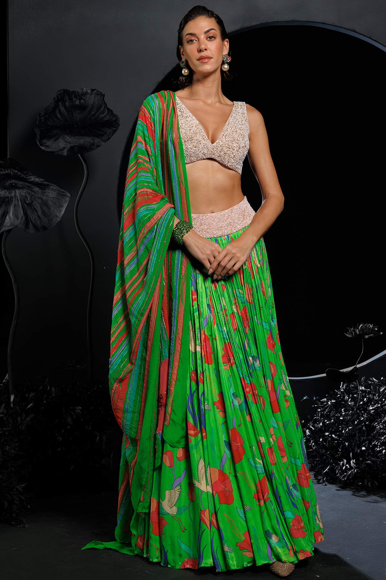 Nautanky By Nilesh Parashar Green Satin Chiffon & Organza Floral Printed Lehenga Set