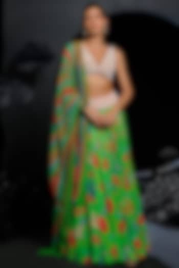 Green Satin Chiffon & Organza Floral Printed Wedding Lehenga Set by Nautanky By Nilesh Parashar at Pernia's Pop Up Shop