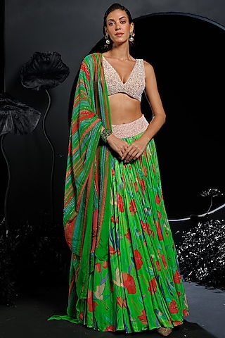 Green Satin Chiffon & Organza Floral Printed Lehenga Set by Nautanky By Nilesh Parashar