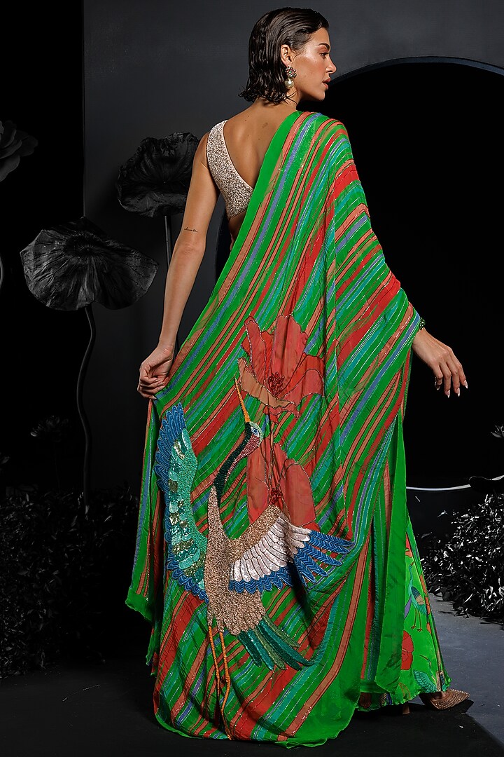 Green Satin Chiffon & Organza Floral Printed Wedding Lehenga Set by Nautanky By Nilesh Parashar at Pernia's Pop Up Shop