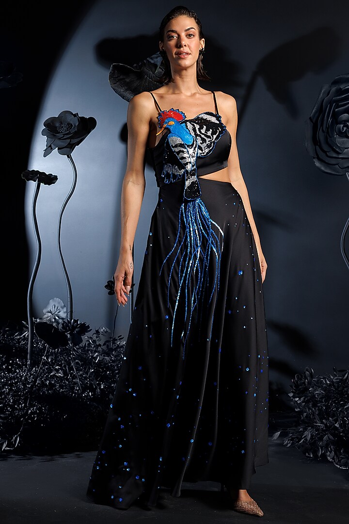 Black Imported Satin Embroidered Party Wear Dress by Nautanky By Nilesh Parashar at Pernia's Pop Up Shop