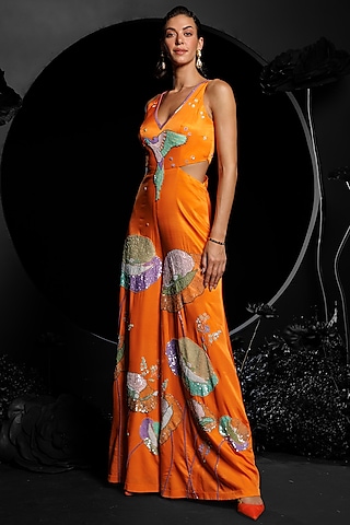 Orange Satin Chiffon Embroidered Jumpsuit by Nautanky By Nilesh Parashar