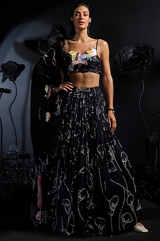 Charcoal Grey Soft Silk & Satin Chiffon Embroidered Lehenga Set by Nautanky By Nilesh Parashar