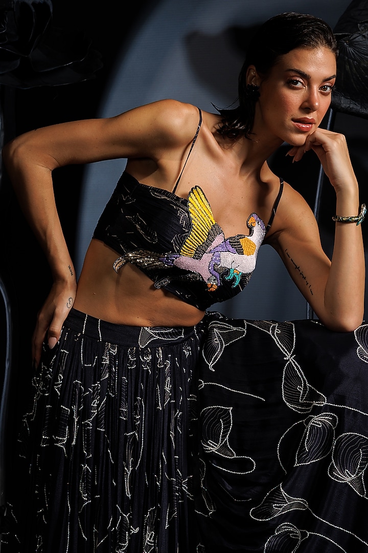 Charcoal Grey Soft Silk & Satin Chiffon Embroidered Bridal Lehenga Set by Nautanky By Nilesh Parashar at Pernia's Pop Up Shop