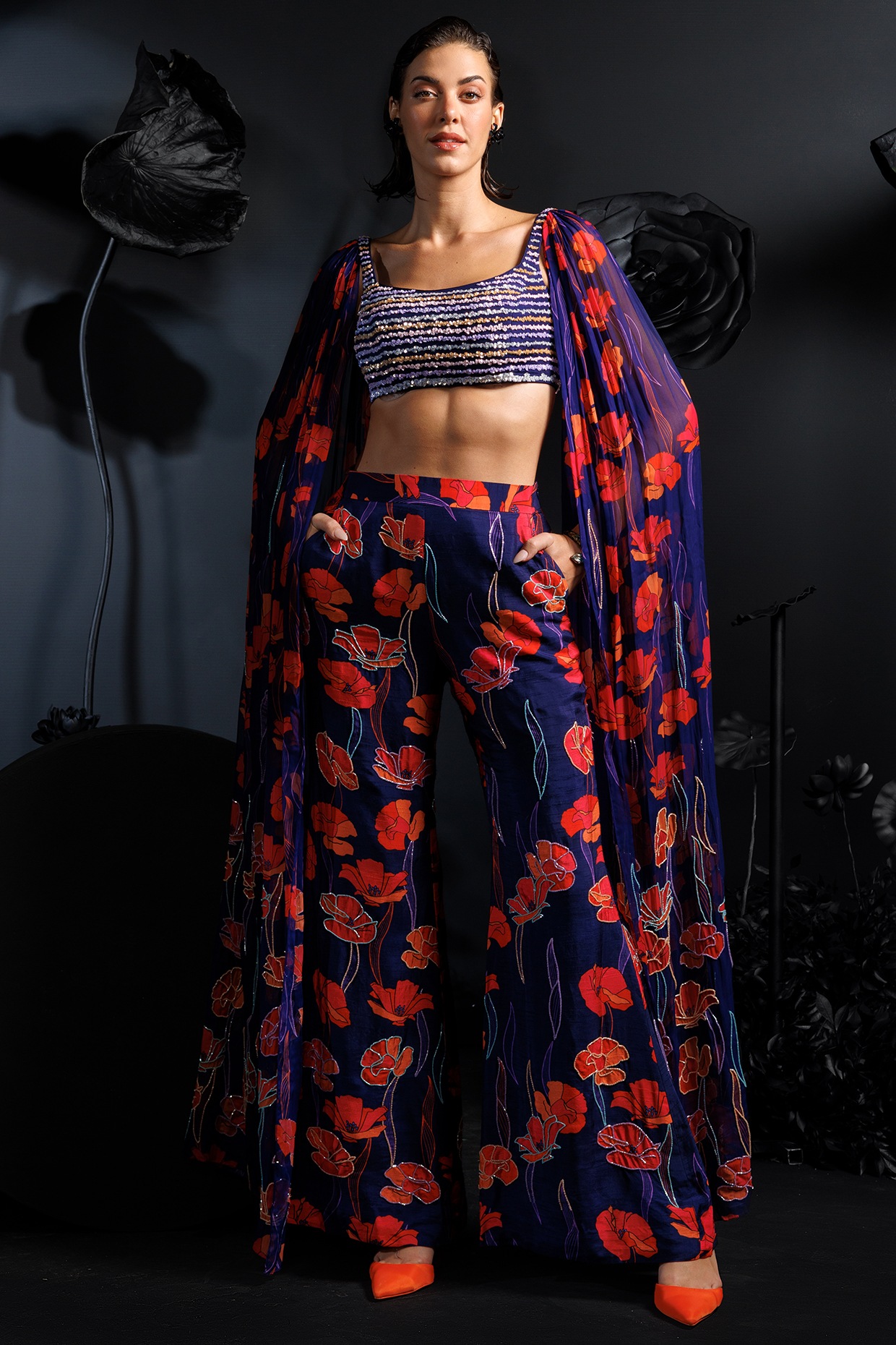 Nautanky By Nilesh Parashar Deep Purple Soft Silk Floral Printed & Embroidered Cape Set