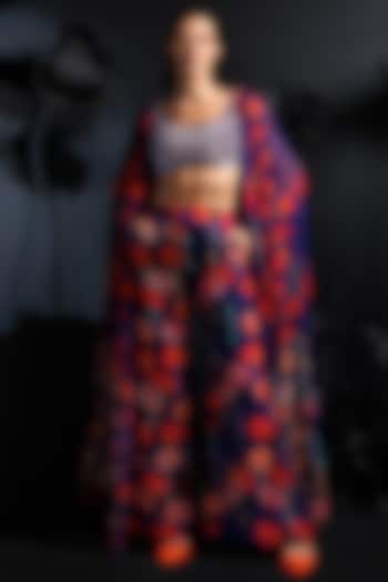 Deep Purple Soft Silk Floral Printed & Embroidered Cape Set by Nautanky By Nilesh Parashar at Pernia's Pop Up Shop