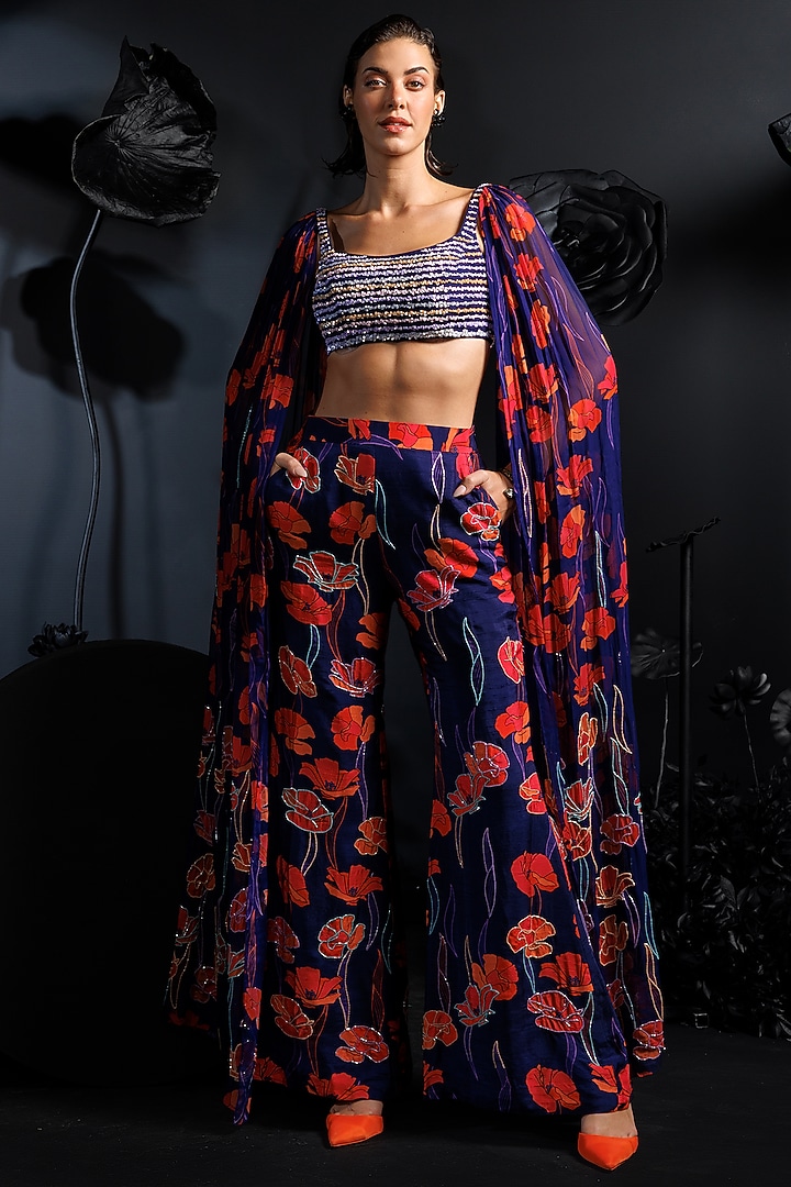 Deep Purple Soft Silk Floral Printed & Embroidered Cape Set by Nautanky By Nilesh Parashar at Pernia's Pop Up Shop