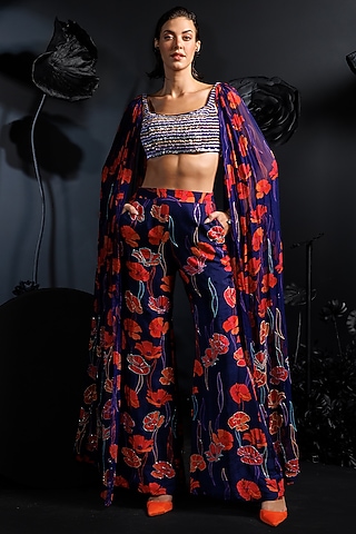 Deep Purple Soft Silk Floral Printed & Embroidered Cape Set by Nautanky By Nilesh Parashar