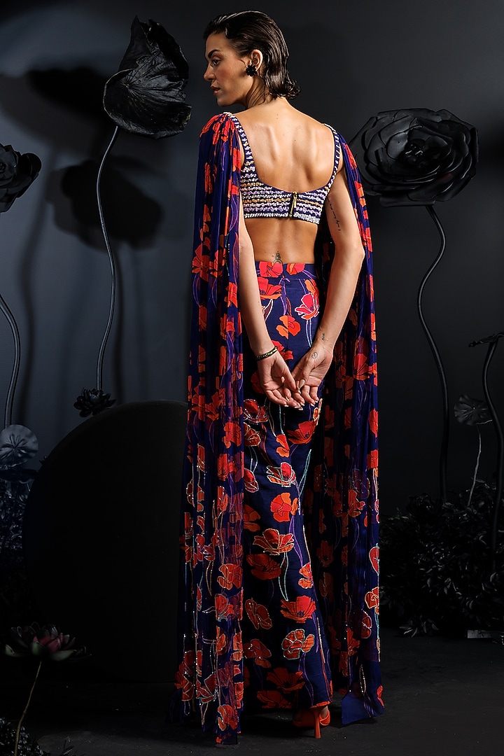 Deep Purple Soft Silk Floral Printed & Embroidered Cape Set by Nautanky By Nilesh Parashar at Pernia's Pop Up Shop