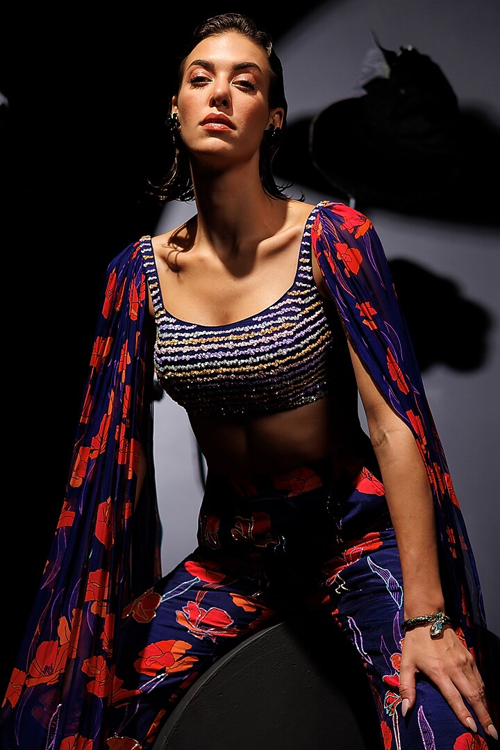 Deep Purple Soft Silk Floral Printed & Embroidered Cape Set by Nautanky By Nilesh Parashar at Pernia's Pop Up Shop