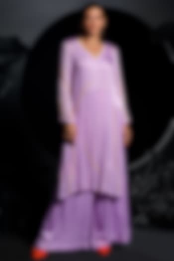 Lilac Satin Chiffon Hand Embroidered Kurta Set by Nautanky By Nilesh Parashar at Pernia's Pop Up Shop