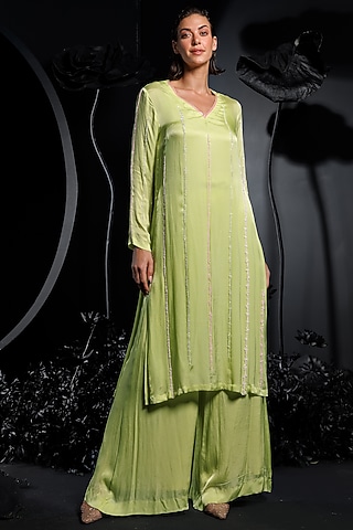 Green Satin Chiffon Hand Embroidered Kurta Set by Nautanky By Nilesh Parashar