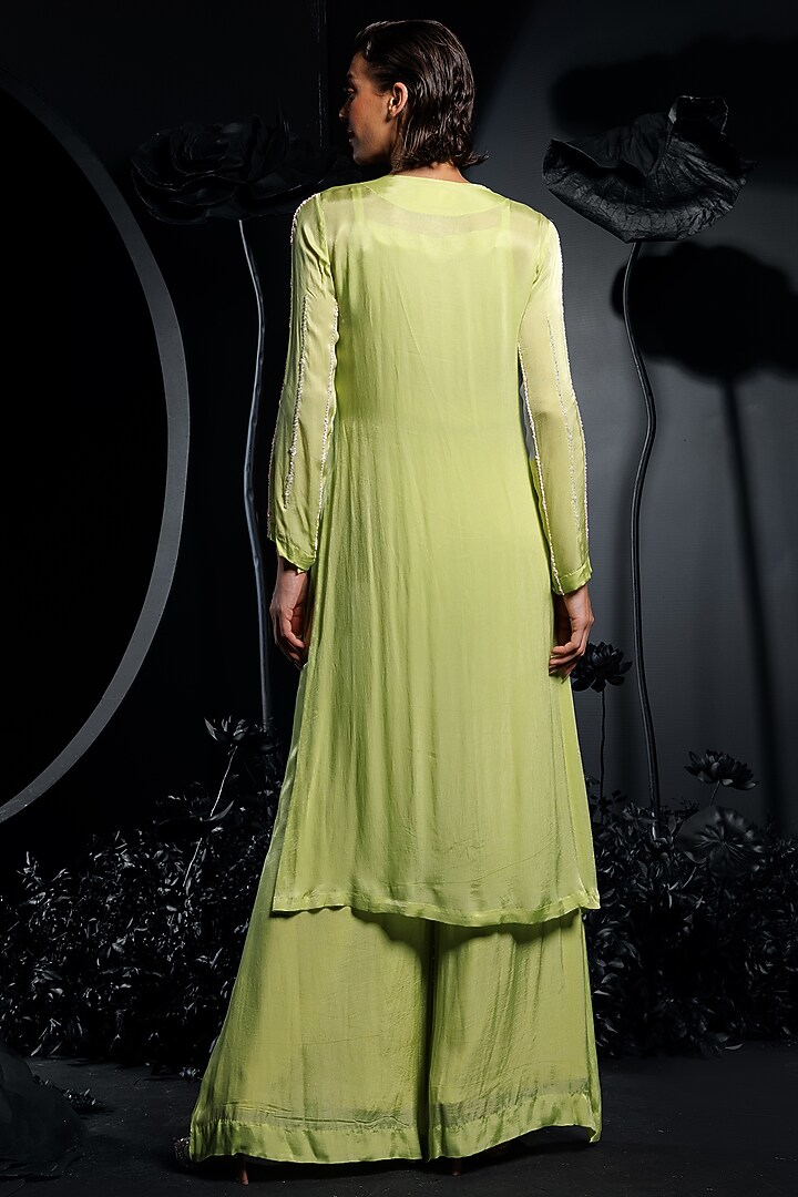 Green Satin Chiffon Hand Embroidered Kurta Set by Nautanky By Nilesh Parashar at Pernia's Pop Up Shop