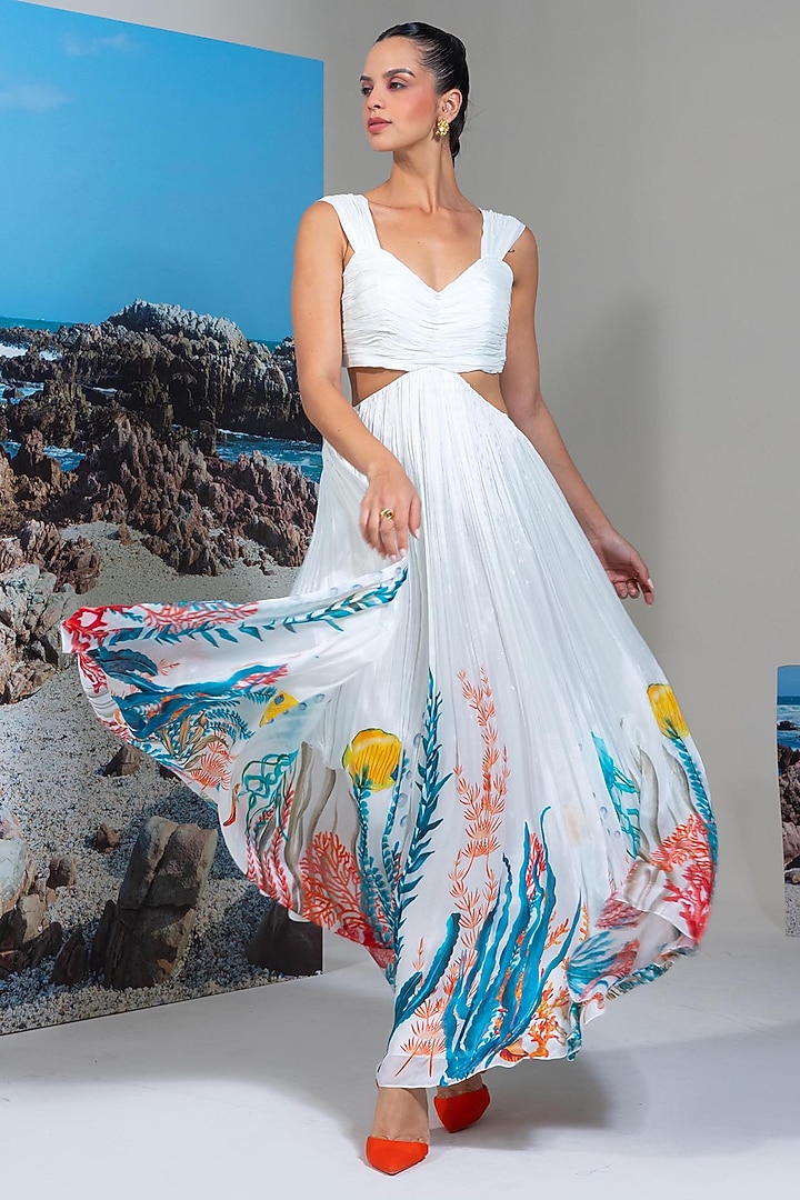 White Chiffon Printed Flared Cocktail Dress by Nautanky By Nilesh Parashar at Pernia's Pop Up Shop