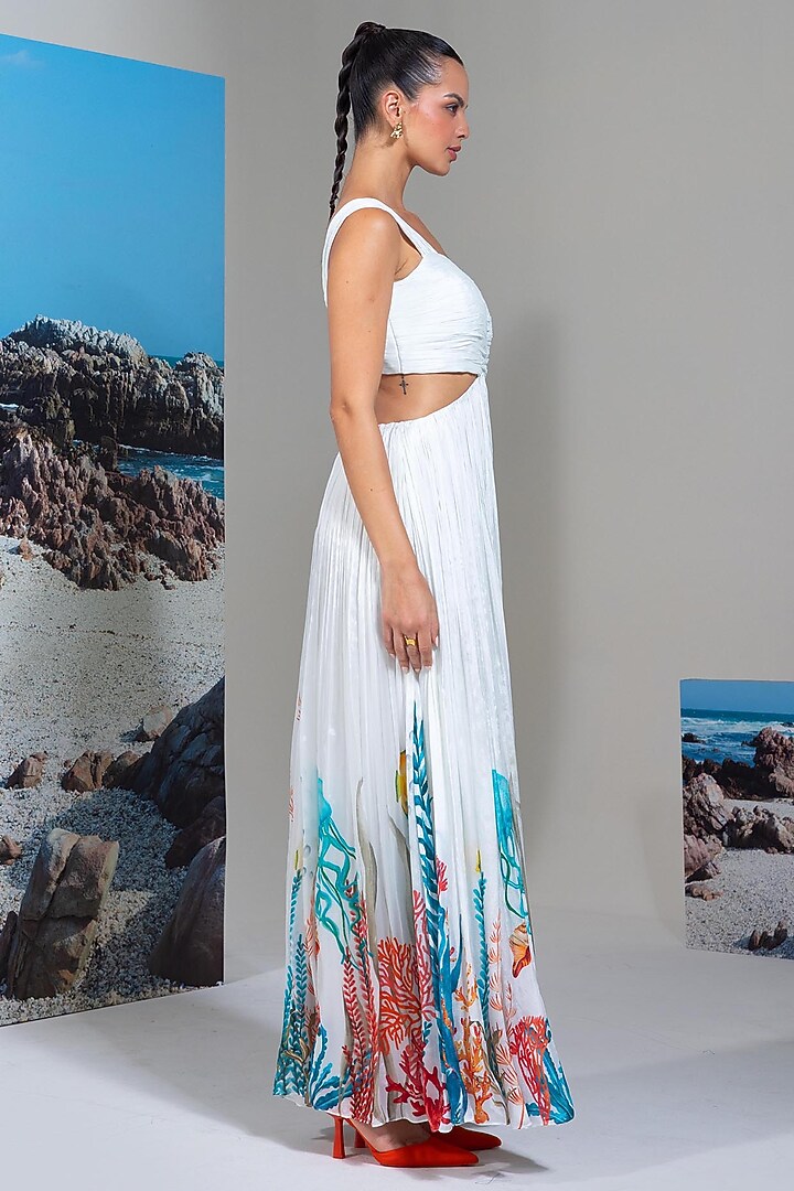 White Chiffon Printed Flared Cocktail Dress by Nautanky By Nilesh Parashar at Pernia's Pop Up Shop
