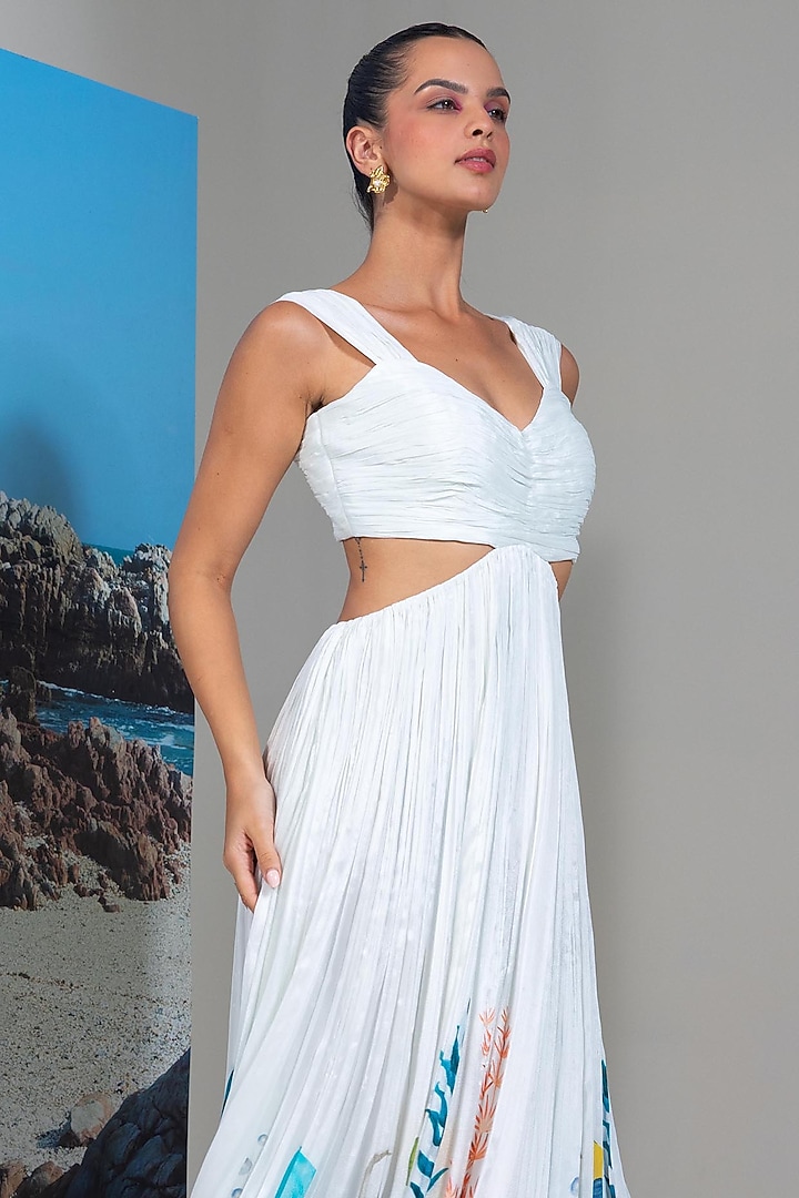 White Chiffon Printed Flared Cocktail Dress by Nautanky By Nilesh Parashar at Pernia's Pop Up Shop
